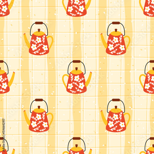 Seamless vector pattern featuring teapots and autumn vibe. Cozy tea time design ideal for kitchen textiles, wrapping paper, and seasonal childrens products