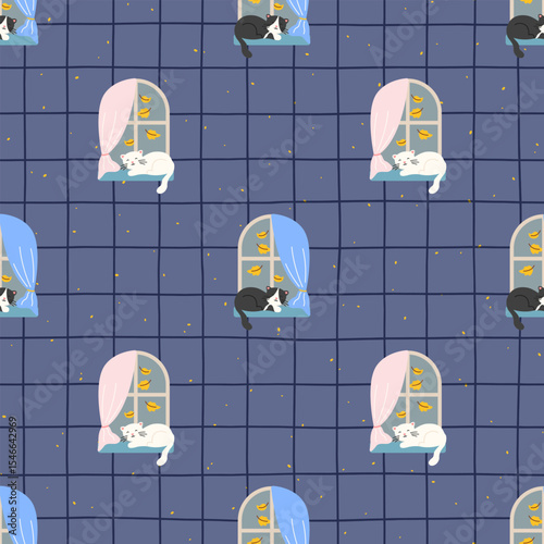 Vector Seamless pattern cute kittens sleeping on cozy windowsills. Soft, warm vector design perfect for nursery textiles, wallpaper, and childrens clothing