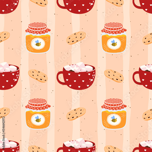 Autumn seamless vector pattern with cocoa, coffee, tea, honey, cookies, in warm autumn tones. Ideal for seasonal textiles, wrapping paper, and cozy design projects
