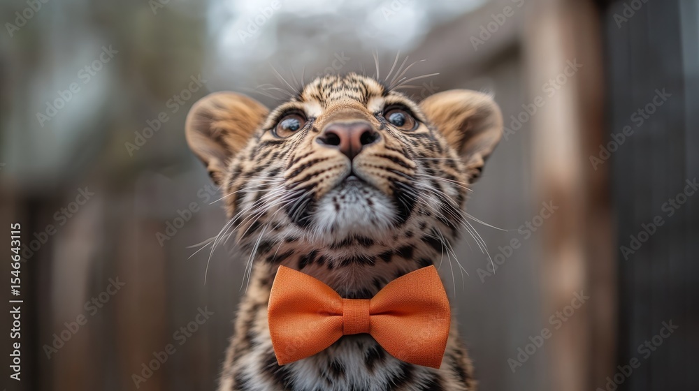 Obraz premium A charming portrait of a leopard cub wearing an orange bow tie captures innocence and playfulness in a delightful and heartwarming way, invoking smiles and admiration.