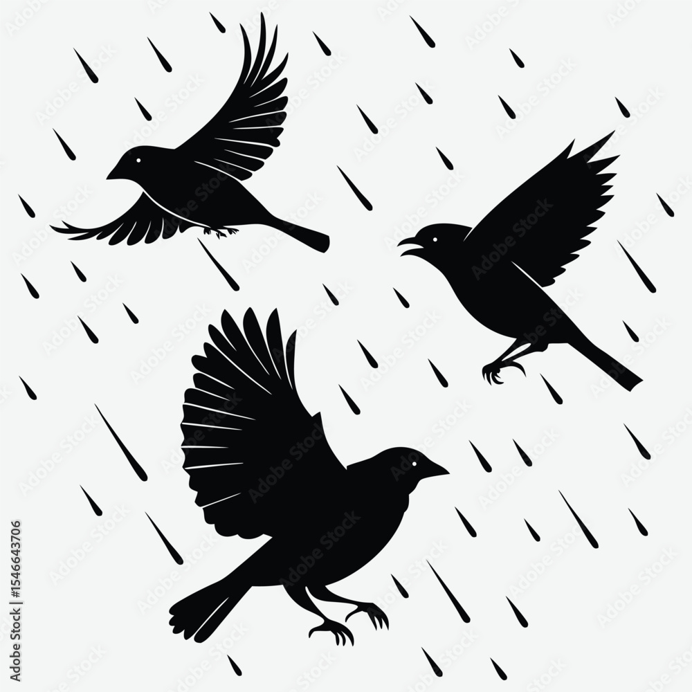 Obraz premium Sparrows joyfully hopping in the rain, embracing nature's gentle shower image silhouette design vector art and illustration