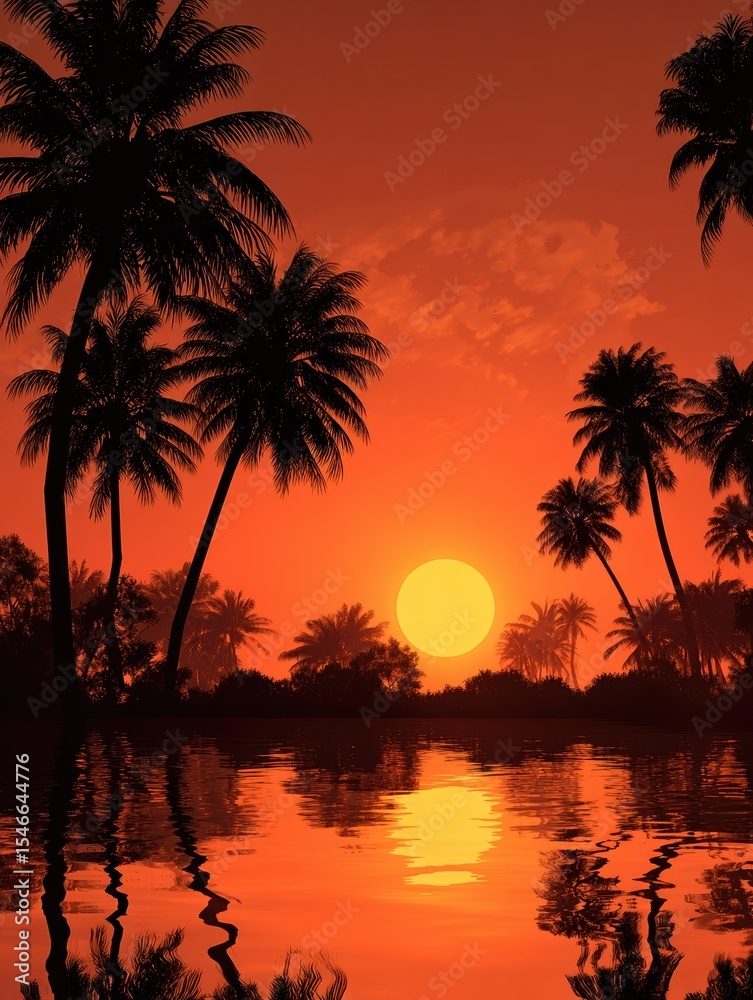 Obraz premium Silhouette of palm trees at tropical sunrise or sunset