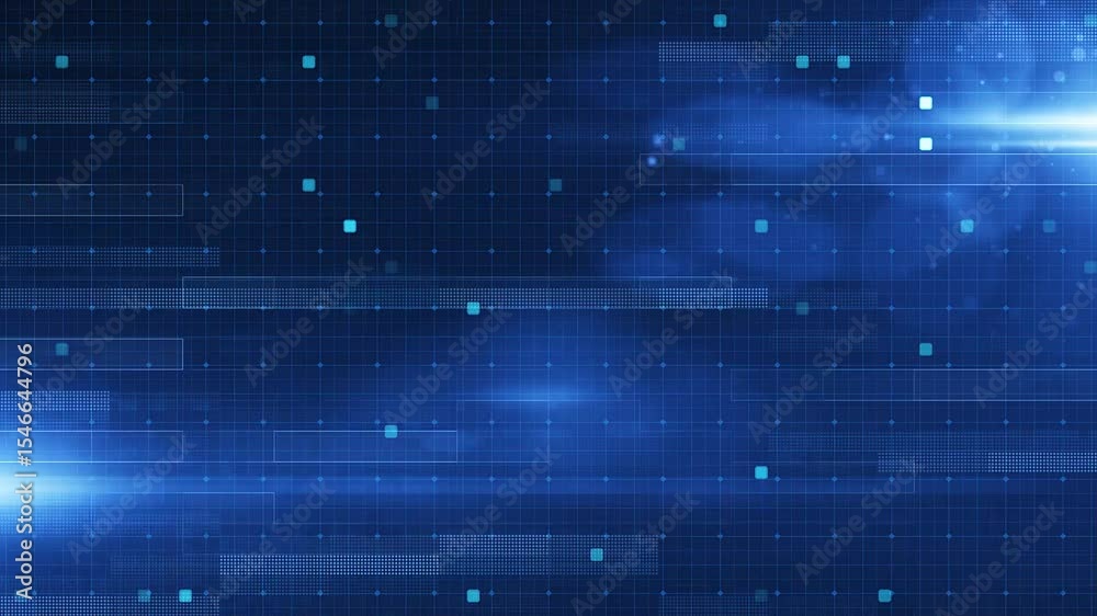 Hi tech motion graphic background, flickering dots and lines on blue background.