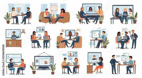 People working from home on computers – remote work and digital team collaboration concept.