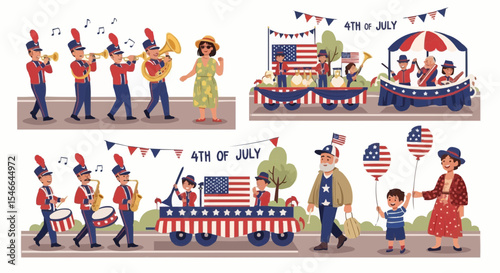 4th of July festival with food stalls and decorations – American patriotic event illustration.