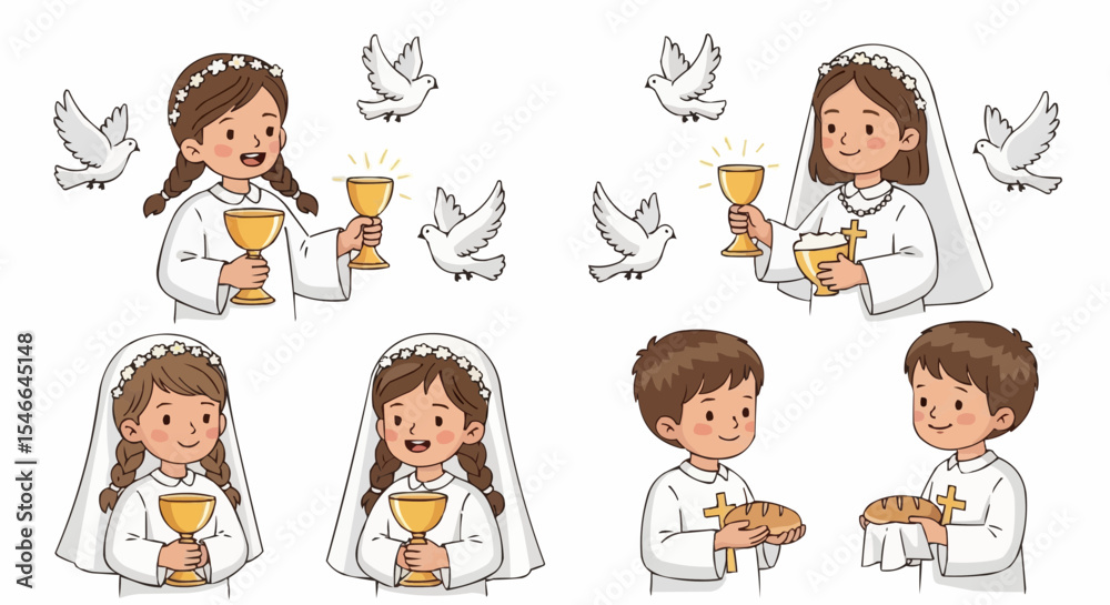 Children holding communion chalice with doves – First Holy Communion religious ceremony scene. Children holding communion chalice with doves – First Holy Communion religious ceremony scene.