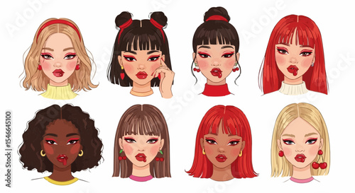 Women with different Asian hairstyles and makeup – beauty and fashion character portraits.