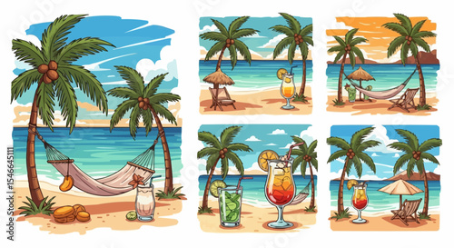 Tropical beach with palm trees and cocktails – relaxing vacation destination scene.