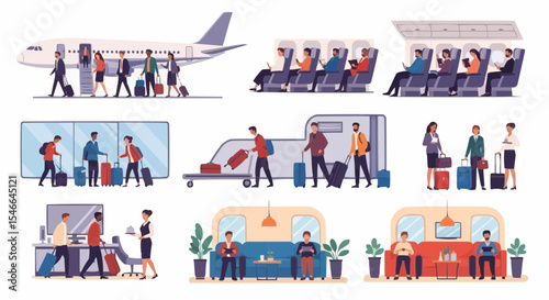 Airplane boarding and in-flight service – travel illustration with passengers and cabin crew.