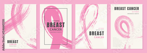 Set of Breast Cancer Awareness Month October poster designs with pink ribbon symbol in brush stroke style, minimalistic graphic layouts for health campaigns, medical support, prevention, and