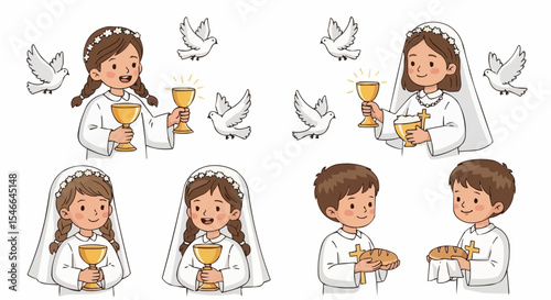 Children holding communion chalice with doves – First Holy Communion religious ceremony scene.