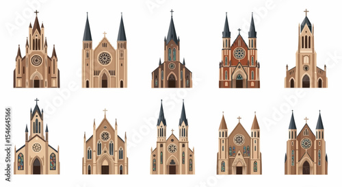European cathedral illustrations – historic gothic churches and religious architecture icons.