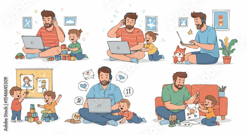 Family using technology together – kids and parents on laptops and mobile devices at home.