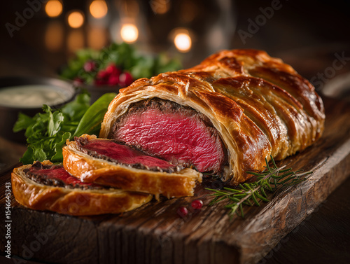 Slices of medium-rare Beef Wellington on a rustic wooden board, styled with herbs and spices against a dark, elegant background. photo