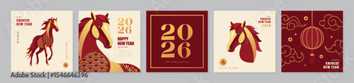 Chinese New Year 2026, Year of the Horse. Set of greeting card designs with horse illustrations and traditional Chinese patterns for lunar celebration and holiday greetings, vector illustration