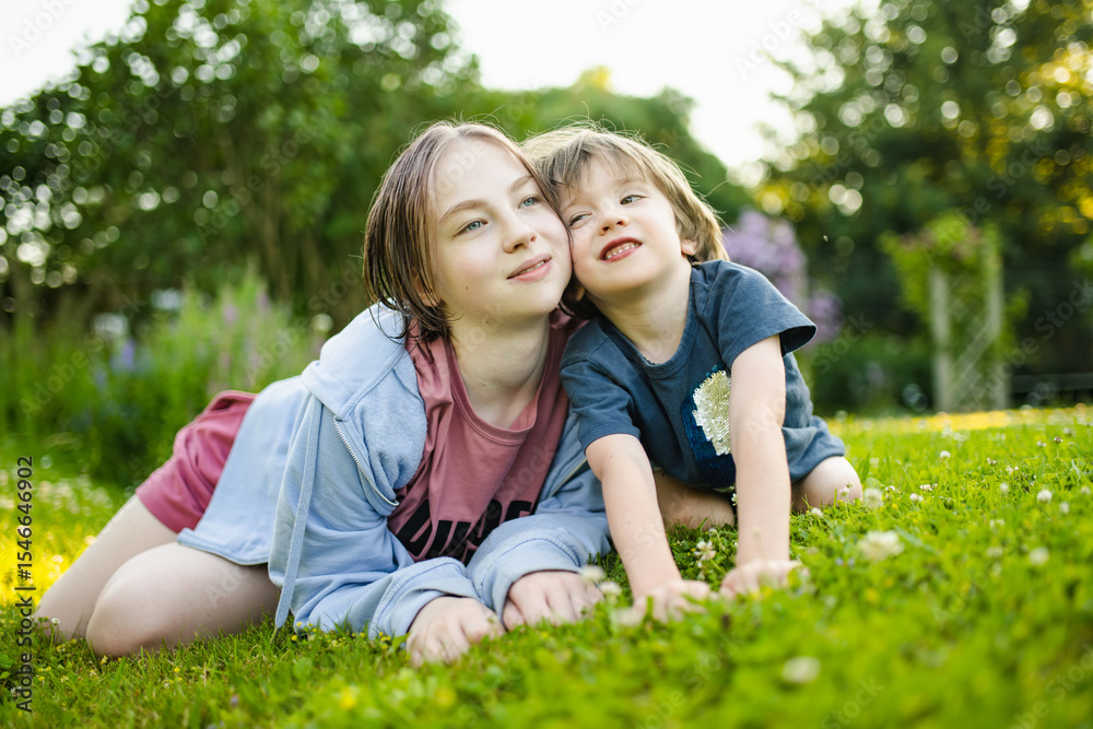 Fototapeta premium Cute big sister cuddling with her toddler brother. Adorable teenager girl hugging her small sibling. Children exploring nature.