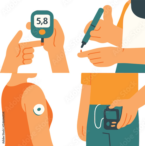 Diabetes Management Vector Set – People Using Glucometer, Insulin Pump, and Glucose Monitor in Flat Medical Illustration