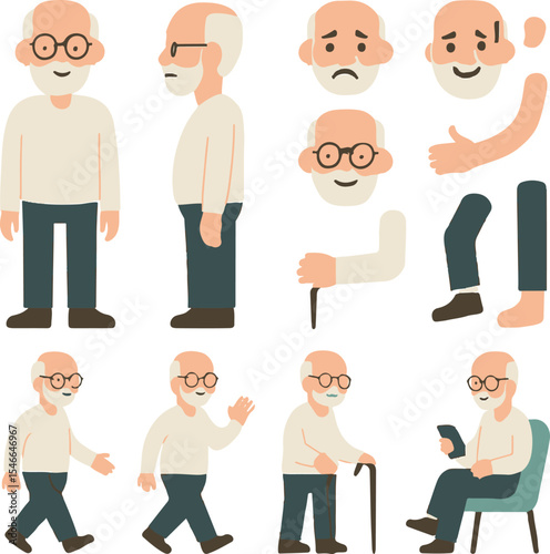 Elderly Man Character Constructor Set – Front, Side, Back Views with Editable Body Parts and Poses in Flat Vector Style