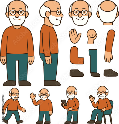 Elderly Man Character Constructor Set – Front, Side, Back Views with Editable Body Parts and Poses in Flat Vector Style
