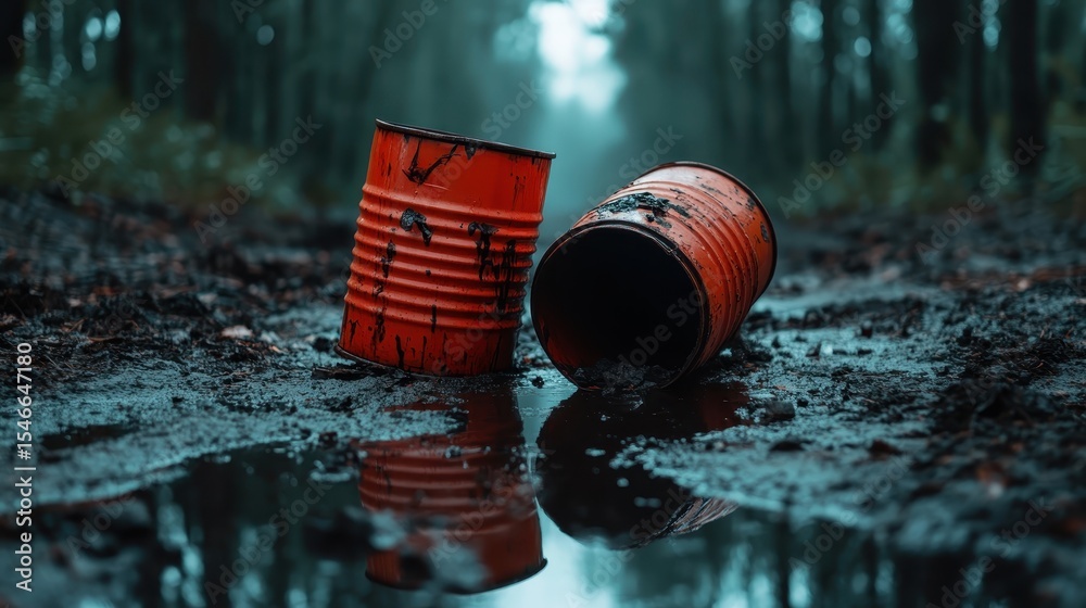 Fototapeta premium Two weathered orange drums lie abandoned in a muddy forest, reflecting the melancholic beauty of decay and nature reclaiming its space amidst the trees.