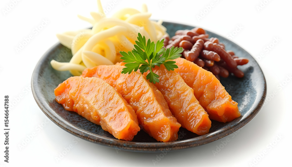 Delicious Plate of Food with Salmon, Noodles, and Beans Delicious Plate of Food with Salmon, Noodles, and Beans