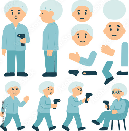 Factory Quality Control Worker Character Set – Front, Side, Back Views with Poses and Scanner in Flat Vector Illustration