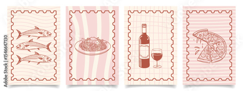 Collection of hand drawn Italian cuisine posters with fish, pasta, wine and pizza. Mediterranean set. Seafood menu cards. Sketch illustration.