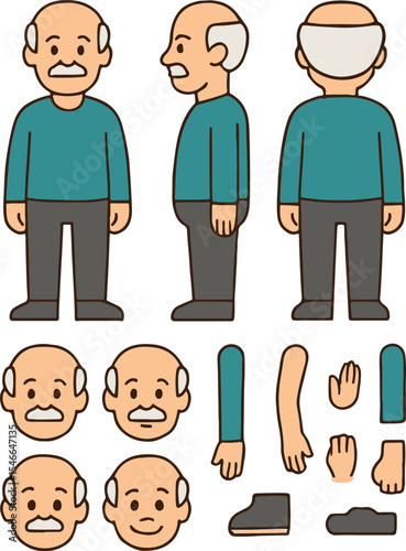 Elderly Man Character Constructor Set – Front, Side, Back Views with Editable Body Parts and Poses in Flat Vector Style