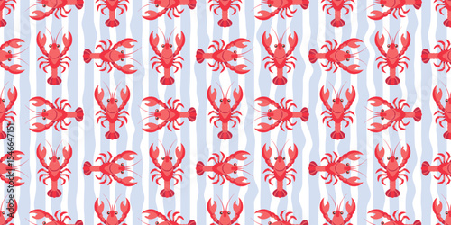 Seamless lobster pattern on blue and white wavy stripes. Summer repeating seafood pattern. Mediterranean coastal design background.