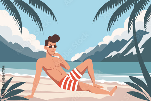 Time to travel. Young man sunbathing on the beach. Summer time, vacation concept.