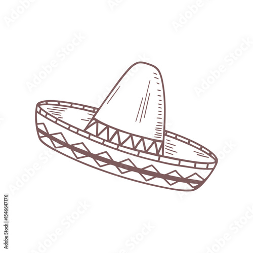 Hand drawn monochrome mexican sombrero hat with ethnic patterns. National symbol of Mexico. Sketch illustration.