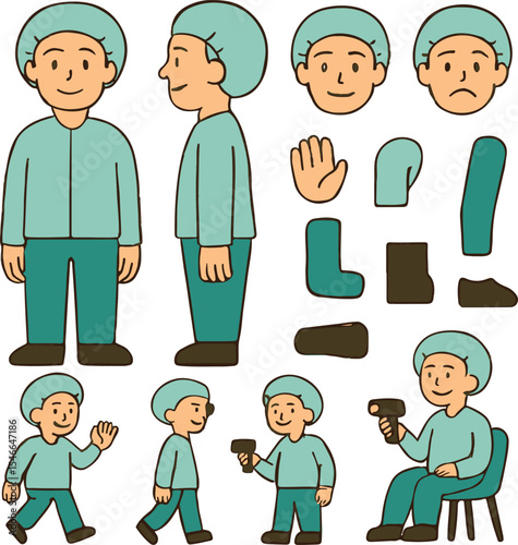 Factory Quality Control Worker Character Set – Front, Side, Back Views with Poses and Scanner in Flat Vector Illustration