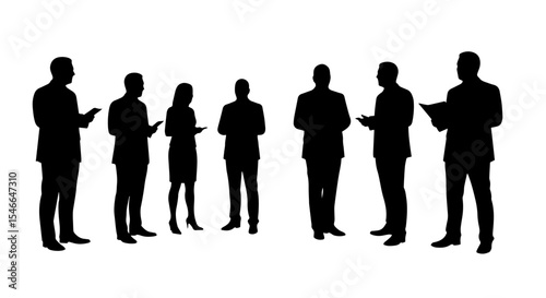 Business people silhouettes group meeting discussion. Corporate team collaboration communication concept. Professional business people in suits at work.