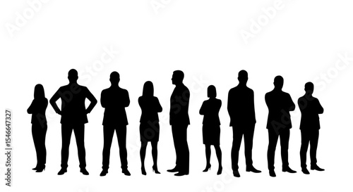Business team silhouettes standing together. Powerful business team image showing unity and collaboration. This strong business team graphic is perfect for presentations and corporate reports.
