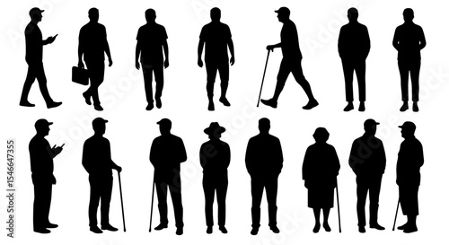 Collection of diverse senior men and women silhouettes.  Silhouettes depict elderly people in various poses and activities, including walking, standing, and using mobility aids.