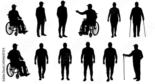 Diverse group of senior people silhouettes. Collection includes elderly men and women in wheelchairs, standing, using walking sticks.