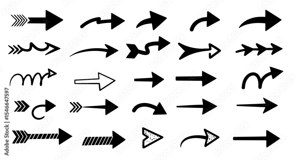 Collection of various arrows graphic design elements. Set of different arrow shapes and styles for presentation design. This arrow collection is ideal for website design and infographic creation.