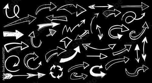 Hand drawn arrows collection.  Set includes various doodle style arrows pointing in different directions.  Perfect design element for presentations, websites, or infographics.