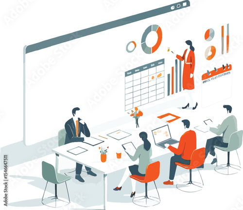 Business team meeting analyzing financial data on a screen and planning strategies together