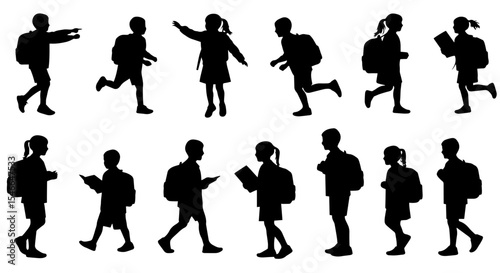School children silhouettes collection.  Backpack kids running and walking.  Silhouettes for school projects and education design. School children illustration perfect for educational materials.