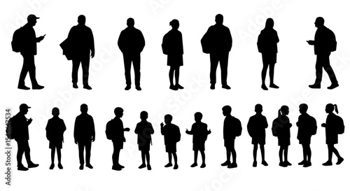 Collection of diverse people silhouettes.  Silhouettes depict adults and children standing and walking.  Silhouette set ideal for infographics or presentations.