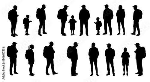 Family silhouettes with backpacks, ready for adventure. Hiking family silhouettes perfect for travel brochures, website banners, and tourism publications.