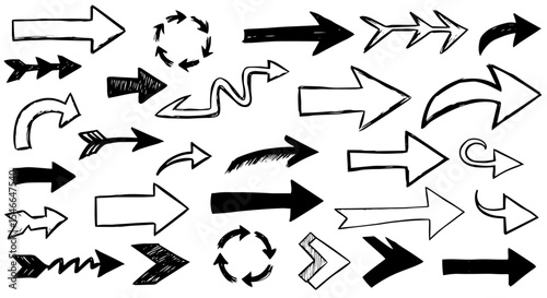 Hand drawn arrows collection. Set includes various shapes and styles of black arrows perfect for design projects.  This collection of hand drawn arrows is ideal for presentations, websites,