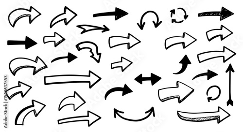 Hand drawn arrow set. Collection of various doodle arrows includes curved, straight, and angular shapes. Perfect arrow set for infographic design, presentation, and website navigation.