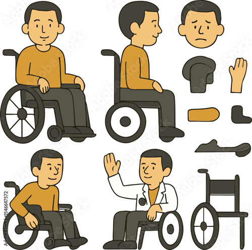Man in Wheelchair Character Constructor – Front and Side Views with Editable Poses and Body Parts – Flat Vector Illustration