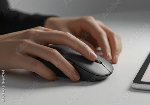 ultra-realistic close-up of a person's hands holding a digital Wireless Mouse in landscape mode, no face visible, tablet screen glowing, isolated on white background	