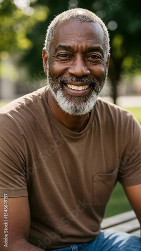 Wallpaper Mural A cheerful Black man in a brown t-shirt sits contentedly in a sunlit park, surrounded by vibrant greenery and a serene atmosphere Torontodigital.ca