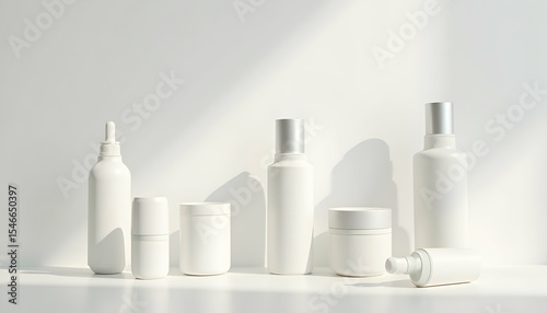 Arrangement of Cosmetic Bottles and Jars in White Studio Setting