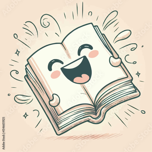 Joyful book character with a big smile, bursting with excitement in a charming illustration