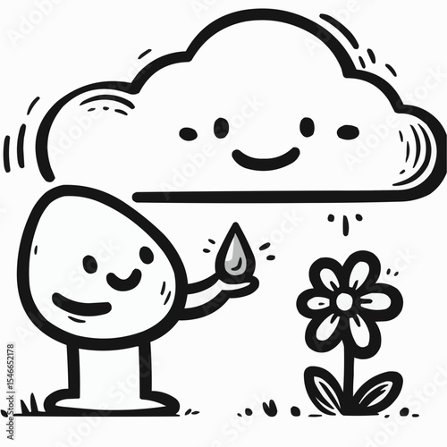 Cheerful character watering a flower under a smiling cloud with raindrops in a playful illustration
